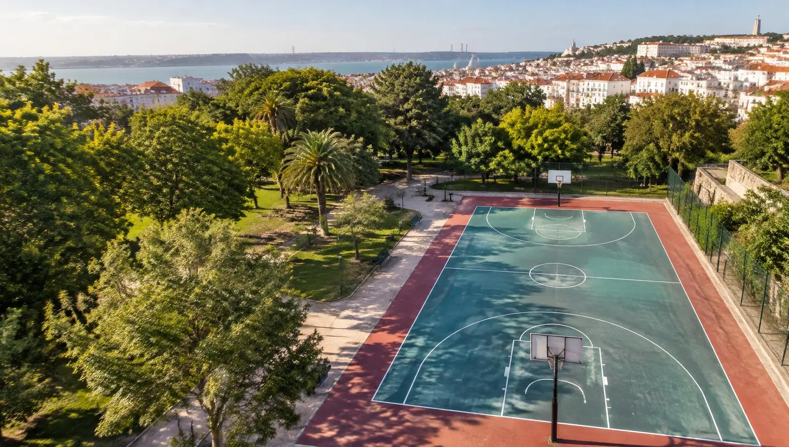 Outdoor basketball court overlooking Lisbon